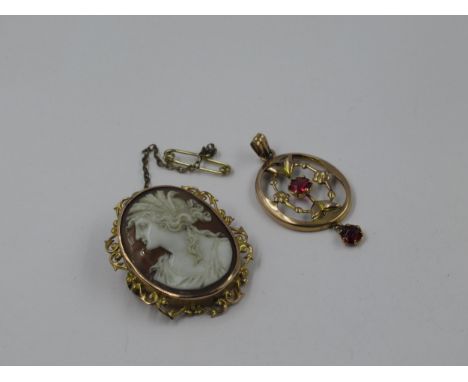Oval 9ct gold mounted shell cameo portrait brooch, together with an oval gold plated pendant 