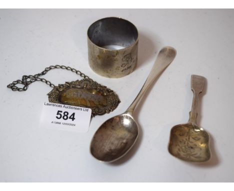 Silver caddy spoon, antique silver coffee spoon, napkin ring and a wine label together with a small quantity of various flatw