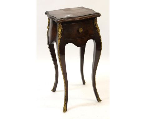 Small reproduction French style burr wood and ormolu mounted lamp table with a single drawer, 35cm wideMinor marks, splits an