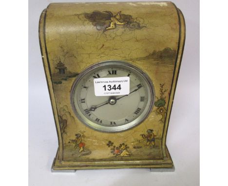 20th Century cream lacquered and chinoiserie decorated mantel clock, with circular silvered dial having Roman numeralsIs curr