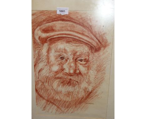 John Benning, monochrome red pencil drawing titled ' Alf ', 40 x 27cm, together with three other various framed paintings, co