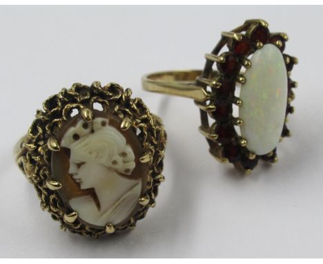 9ct Yellow gold cameo ring size 'Q' together with a 9ct yellow gold mounted ring set with central oval opal surrounded by gar