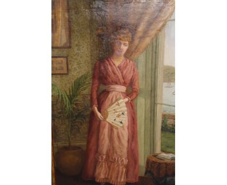 19th / Early 20th Century, oil on canvas, Edwardian lady by a window with distant boats, signed E. M. Jago, framed, 43 x 24cm