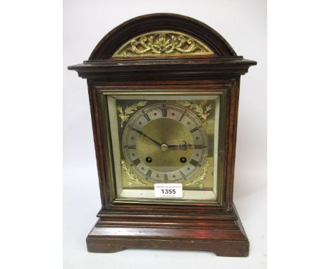 Edwardian oak mantel clock, the gilt dial with a silvered chapter ring, Arabic and Roman numerals, two train movement strikin