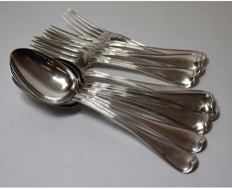 Set of five Victorian silver Fiddle and Thread pattern dinner forks, together with five matching tablespoons and an associate