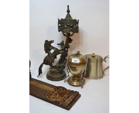 Patinated spelter table lamp depicting an angel with a rearing horse, together with a silver plated egg coddler, plated teapo