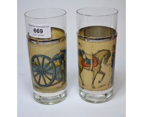 Pair of unusual silver mounted glass tumblers decorated with military prints 