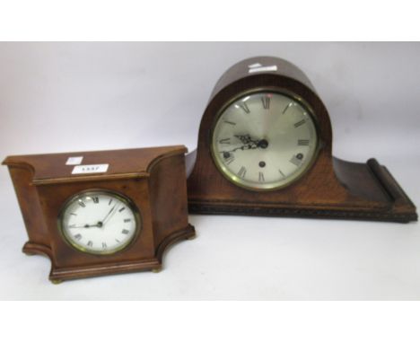 Art Deco style walnut mantel clock, together with an oak three train dome top mantel clock 