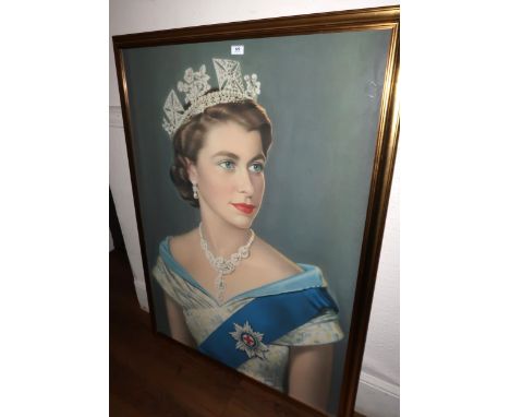 Large 20th Century coloured print of Queen Elizabeth II on her Coronation Day, 118cm high x 83cm wide 