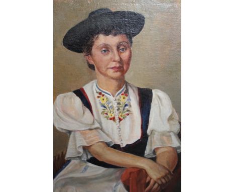 Continental oil on canvas, portrait of a seated Swiss lady in traditional dress, unsigned, 60 x 47cm, with painting verso of 