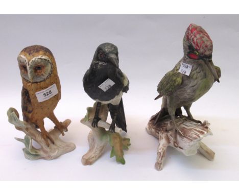 Group of three large Goebel porcelain figures, an owl, a woodpecker and a magpie 