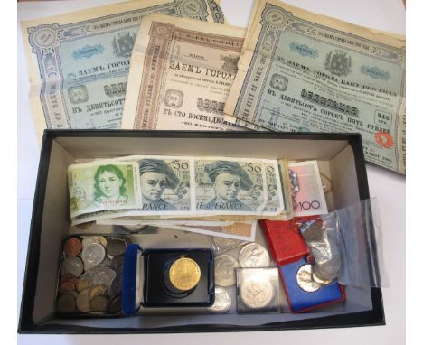 Quantity of Great Britain and foreign coinage and bank notes, together with four Russian share certificates 