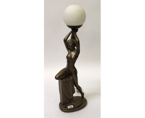 Art Deco style gilt plaster figural table lamp with frosted glass shade, 70cm tall including shade 