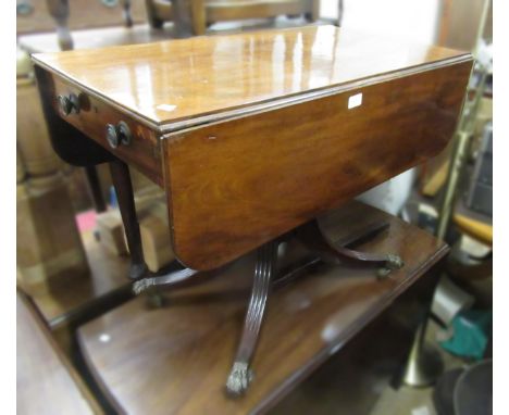 Regency mahogany rectangular drop-leaf breakfast table with a single end drawer, raised on a ring turned column support and r