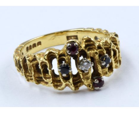 18ct Yellow gold ring set diamond, sapphires and rubies, 4.8g, size 'N' 