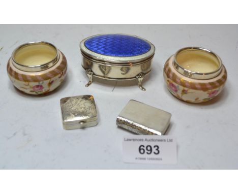 Chester silver oval trinket box with blue enamel cover, together with a pair of silver mounted pottery salts and two small si