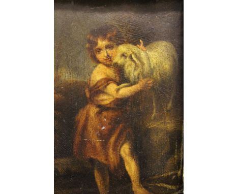 Small oil (possibly on print base), St. John and lamb, after Murillo, 16 x 12cm, gilt framed 