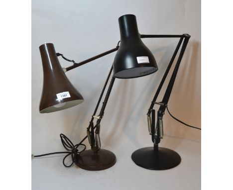 Anglepoise Lighting Limited, adjustable desk lamp in brown and another later modern Anglepoise lamp in black 