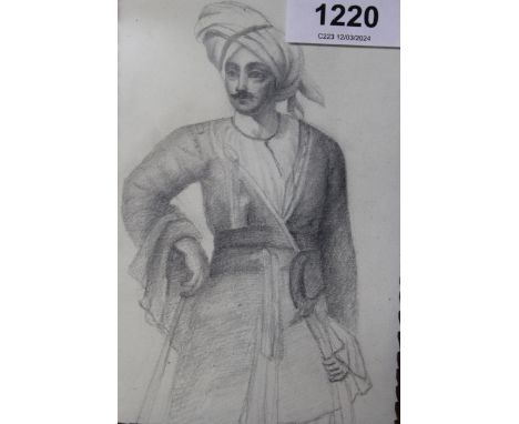 Early 20th Century pencil drawing, portrait of an Eastern gentleman, housed in an elaborately carved wood frame, 14 x 10cm 
