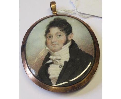 Good 19th Century watercolour portrait miniature on ivory of a gentleman wearing a black coat, the reverse inset with a lock 