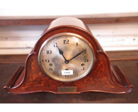 Mahogany and burr walnut three train mantel clock, circa 1930, the silvered dial with Arabic numerals and three train movemen