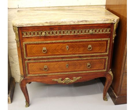 Mid 20th Century French mahogany Kingwood and gilt brass mounted three drawer commode with a marble top and cabriole supports