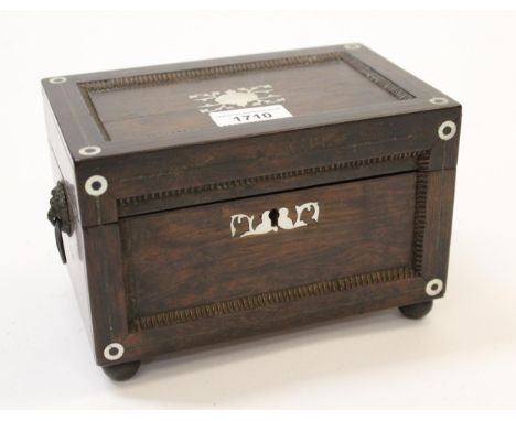 Small William IV rosewood mother of pearl inlaid two division tea caddy 