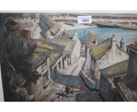 Edward Bouverie Hoyton artist signed etching, ' Down Alonge Newlyn ', 30 x 44cm, framedslight marks to the left margin from b