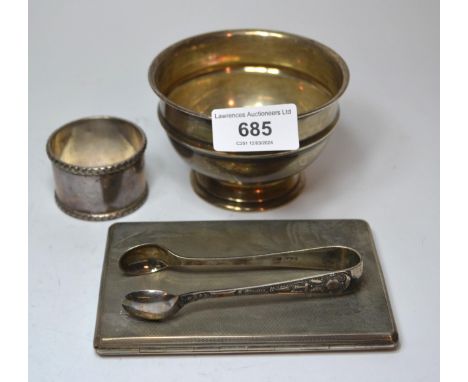 Birmingham silver pedestal bowl, silver napkin ring, pair of sugar tongs and a silver cigarette case 