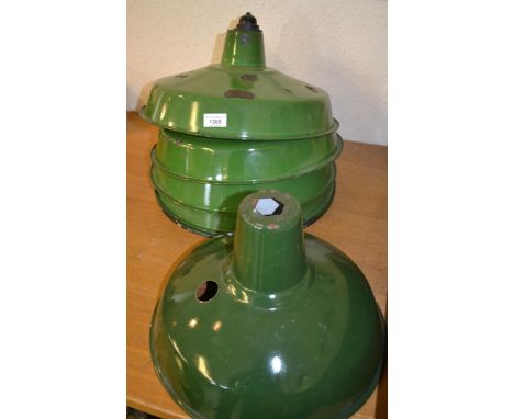 Seven various green and grey enamel industrial lampshadessee additional photographs - there are chips and rust to most of the
