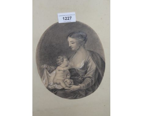 Antique pencil drawing highlighted with white, portrait of the Madonna and child, 21 x 16cm, oval 