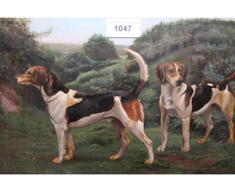Framed oil (possibly on print base), portrait of two hounds, ' The Fitzwilliam Hounds ', history inscribed on mount, 23 x 34c