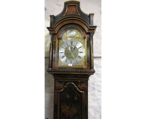 18th Century green chinoiserie lacquered longcase clock, the arched dial inscribed Edmond Dore, 1734 and Joseph Elford Lyming