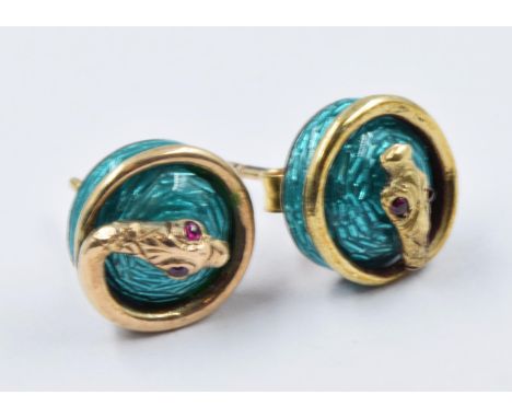 Pair of 9ct gold and enamel circular stud earrings mounted with serpents, having ruby inset eyes 