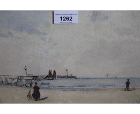 Watercolour, beach scene with figures bathing, huts and a pier, bearing a monogram and bearing signature J. M. Whistler verso