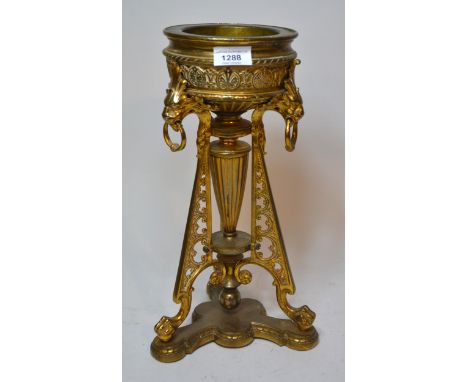19th Century gilt brass oil lamp base on pierced triform base37cm high x 15cm diameter - there are no drill holes but some da