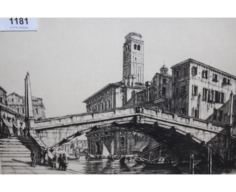 Henry Rushbury signed etching, a Venetian bridge, 23 x 27.5cm, framedHas been somewhat recently framed and does not appear to