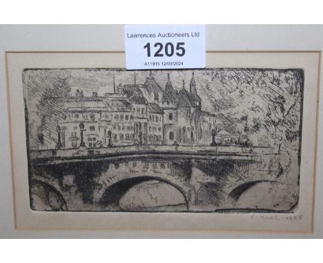 C. Hall artist signed etching, figures on a bridge, dated 1925, together with two other signed etchings and an engraving view