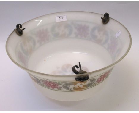 1930's White opaque glass hanging light bowl with floral decoration, 35cm diameter (ceiling fixing and chains included) 