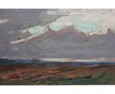 In the manner of Mark Senior, oil sketch on card, landscape and sky study, 13 x 22cm 