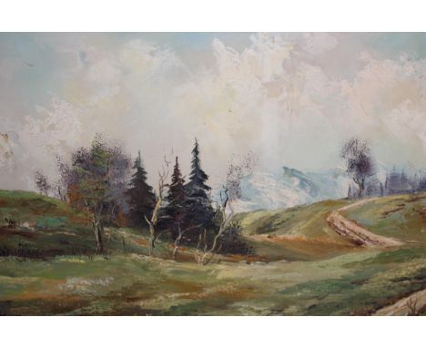 Oil on canvas, alpine landscape, indistinctly signed, 49 x 58cm, together with a small oil on canvas, cottage in a landscape,