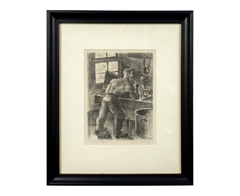 Black and white etching titled 'Pots + Pans' lower left and signed in pencil lower right.Â&nbsp;Measures 16" x 13" including 