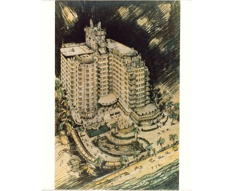 Gloss finished photographic print of an architectural rendering by American modernist architect B. Robert Swartburg. Full col