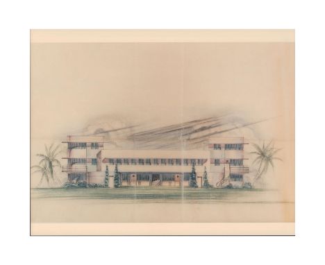 Print of architectural sketch of the elevation proposal for 30th Street Apartments in Miami, Florida designed by architect Ro