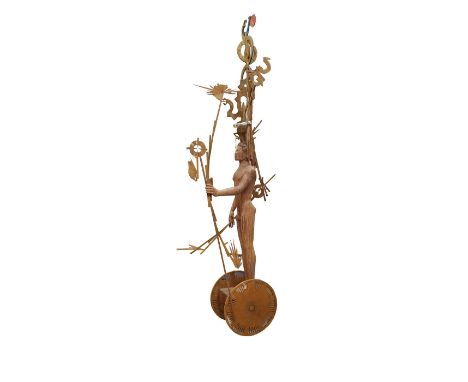 Large wood carved male figure with Headdress. John W. Ford is a Sculptor, Installation artist, Painter, Printmaker, Lecturer,