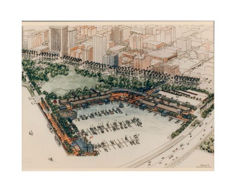 Photograph Print of architectural rendering sketch of Miami, Florida Bayside Marketplace. Designed by architectural firm Benj
