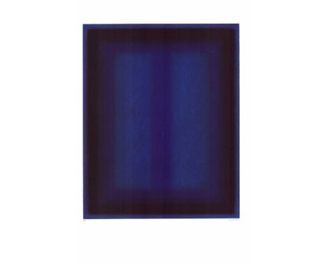 Large print representing a rectangle with variations of deep blue colors in an Abstract Expressionist style. The color shapes