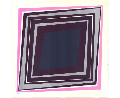 Hard edge style color serigraph in the shape of a diamond in pink, black, metallic greys, and dark green colors by Richard (J