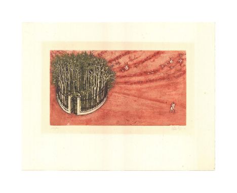 Highly detailed aquatint etching print. Image depicts two figures leaving a green forest enclosed by an iron gate with a floc