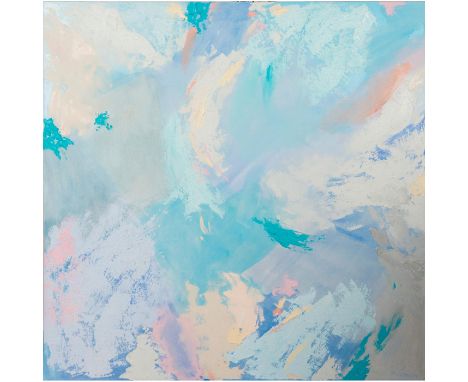 Large acrylic painting on a wrapped around canvas with painted sides. The pastel color abstraction of baby blue, coral, turqu